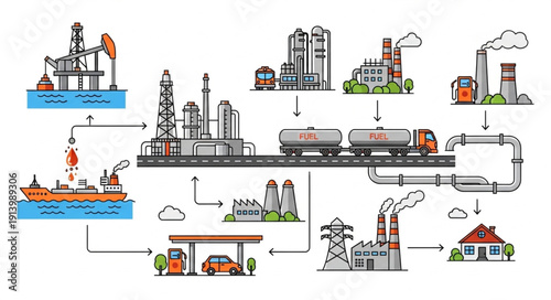 Industrial process flow diagram showing oil and gas extraction and distribution.