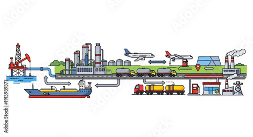 Industrial production and distribution process illustration.