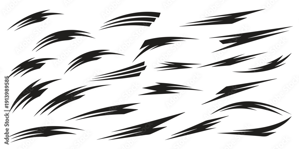 Obraz premium Dynamic Speed Lines and Sharp Brush Strokes Vector Set, Abstract Motion and Energy Design Elements