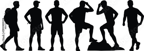 A collection of male hiker and outdoorsman silhouettes displaying various actions and postures
