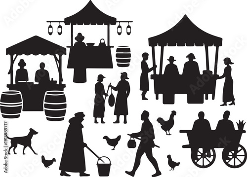 black silhouettes of people selling and buying food at market stalls with tents and barrels and a man and woman with chickens and a dog and people in a cart