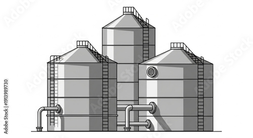 Industrial Silos Storage Tanks with Pipes and Ladders.