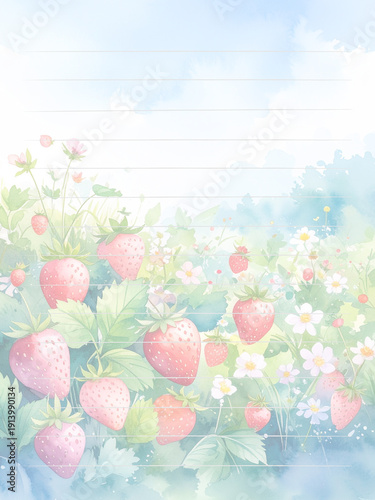 Strawberry flower bed letter paper 3　イチゴの花壇の便箋3