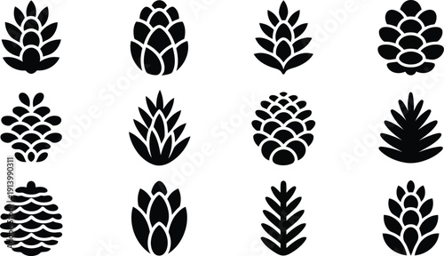 A collection of twelve diverse black stylized pinecone and hop silhouettes presented on a clean white field