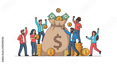 Diverse group of people celebrating with a large money bag and coins on a white background with a joyful mood.