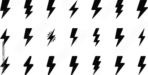A collection of various black lightning bolt symbols arranged neatly on a white background