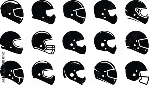 A compilation of various black helmet silhouettes showcasing different sports and motorcycle safety gear