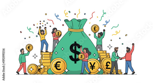 Illustration of diverse people celebrating with a large green money bag and gold coins with currency symbols, surrounded by confetti on a white background with a joyful mood.