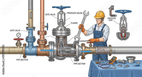 Industrial worker repairing complex pipe system with valves and tools.