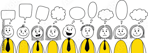 A diverse group of stick figures with various facial expressions and empty speech and thought bubbles