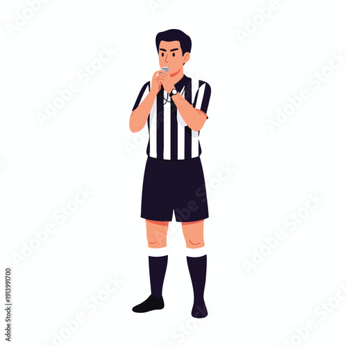 Referee Blowing Whistle in Striped Shirt