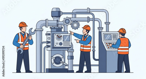 Industrial workers performing maintenance on complex machinery in a factory setting.