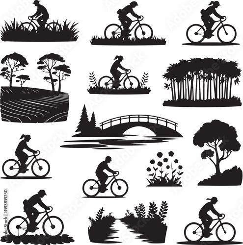 Black silhouettes of people riding bicycles in various landscapes