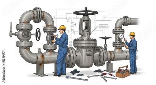 Industrial workers performing maintenance on large pipeline valves.