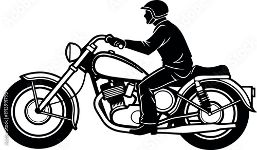 Vector illustration of a classic chopper motorcycle with a rider wearing a helmet, depicted in a bold black and white graphic style, isolated on a transparent background.
