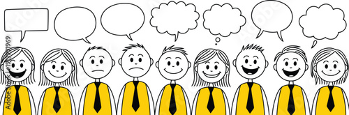 A diverse line of stick figures displaying various emotions with blank communication bubbles above