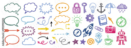 Mixed colorful doodle elements set. crayon hand drawn speech bubbles, arrows and technology icons. A vector illustration collection for modern website design and whiteboard video graphics.