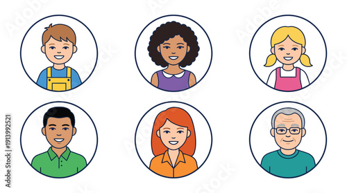 Diverse Multigenerational Group of Smiling Avatar Portraits for Down Syndrome Awareness, Community Inclusion, and Support, depicted in Modern Flat Design Vector Art with Isolated UI Elements on White.