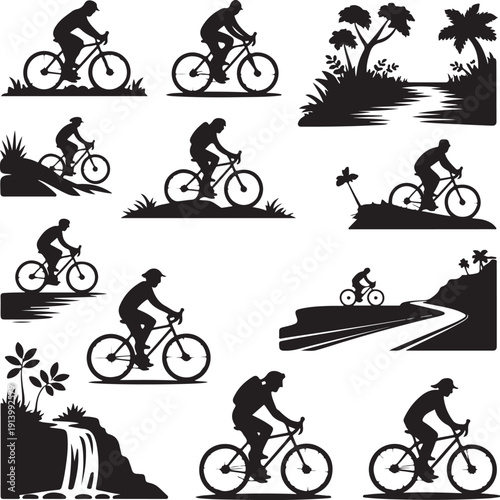 Black silhouettes of people riding bicycles on various outdoor landscapes