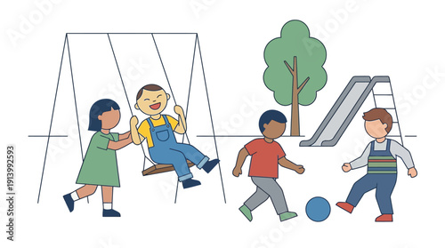 Down Syndrome children and diverse kids enjoying playground, swinging, playing football. Inclusion, special needs development. Flat outline vector illustration.
