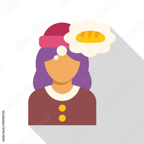 Woman having a thought bubble with bread, representing hunger, food scarcity, and poverty