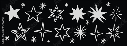 White chalk stars set with hand-drawn starburst and sparkle shapes in a rough chalkboard style. A decorative vector illustration collection for school boards, night backgrounds and banners.