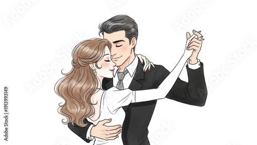 Elegant couple dancing closely in formal ballroom attire during a graceful romantic moment.