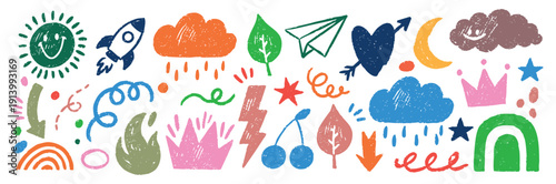Colorful mixed doodles featuring hand-drawn sun, rocket, clouds and hearts in a crayon sketch style. A fun vector illustration collection for kids scrapbooking, stickers and playful designs.