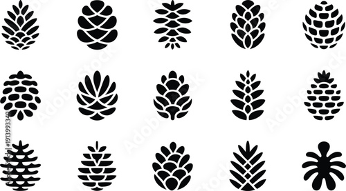 A large diverse collection of various black pinecone silhouettes arranged neatly in a grid on white