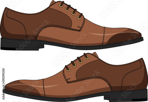Classic Brown Leather Oxford Dress Shoes Vector Illustration, Elegant Formal Footwear Pair Side View Isolated for Fashion, Business Style, and Retail Design Projects