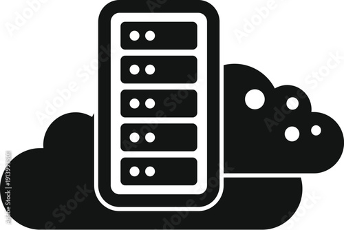 Server rack system merging with a cloud symbol representing data hosting