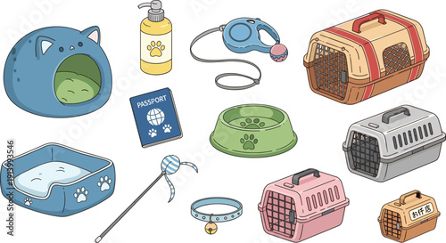 Pet Travel Accessories Set – Cat Carrier, Pet Bed, Leash, Passport and Pet Care Items Vector Illustration