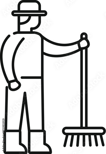 Line icon illustrating a worker sweeping ground with a broom