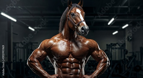 photo of a muscular bodybuilder with the head of a horse.