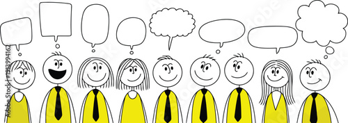 A row of diverse stick figure characters stands together with various empty speech bubbles above their heads