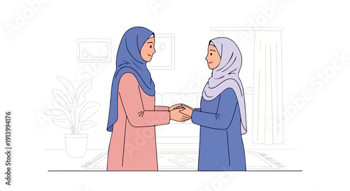 Two women wearing headscarves shaking hands in a minimalist interior with a plant and framed pictures on the wall.