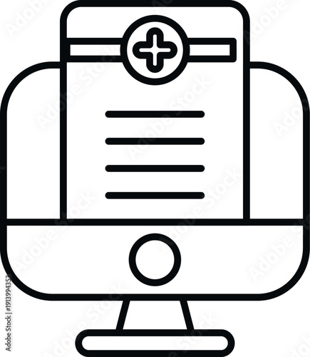Computer monitor showing a document with a cross, representing digital health records