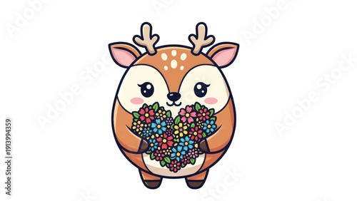 Adorable cartoon reindeer holding a colorful berry bunch in a cheerful illustration.