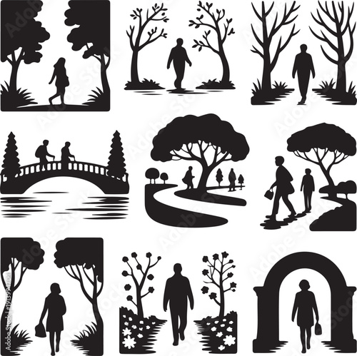 black silhouettes of people walking in park with trees and bridge