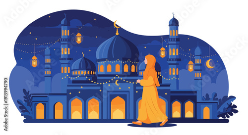 Illustration of a woman walking in front of a mosque at night with illuminated windows and a crescent moon.