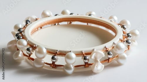 Elegant Pearl and Silver Charm Bracelet on White Background.