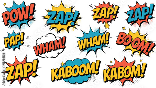 A set of twelve colorful comic style speech bubbles featuring various dynamic sound effects and exclamations