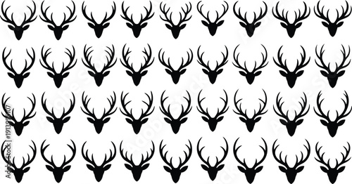 A spacious grid displaying many identical black deer head silhouettes with large antlers on a white field
