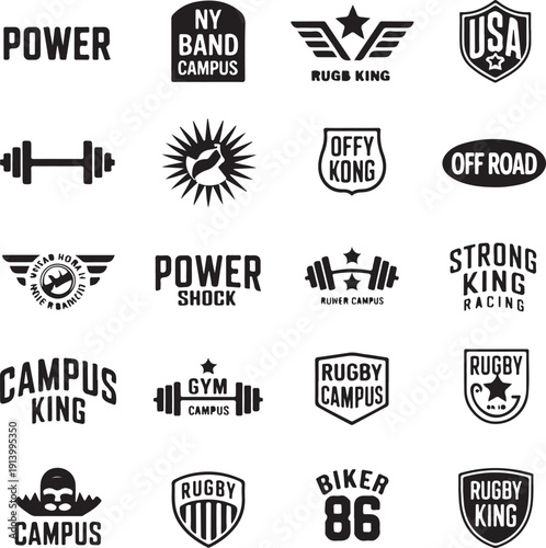 collection of black and white logos and labels for sports and fitness