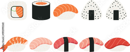 Sushi and Onigiri Set Vector Illustration – Japanese Food Collection