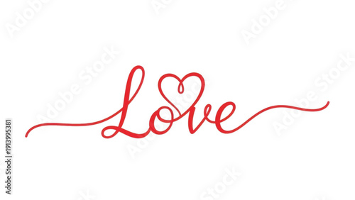 Elegant red script word Love with delicate heart flourish in a graceful cursive design.