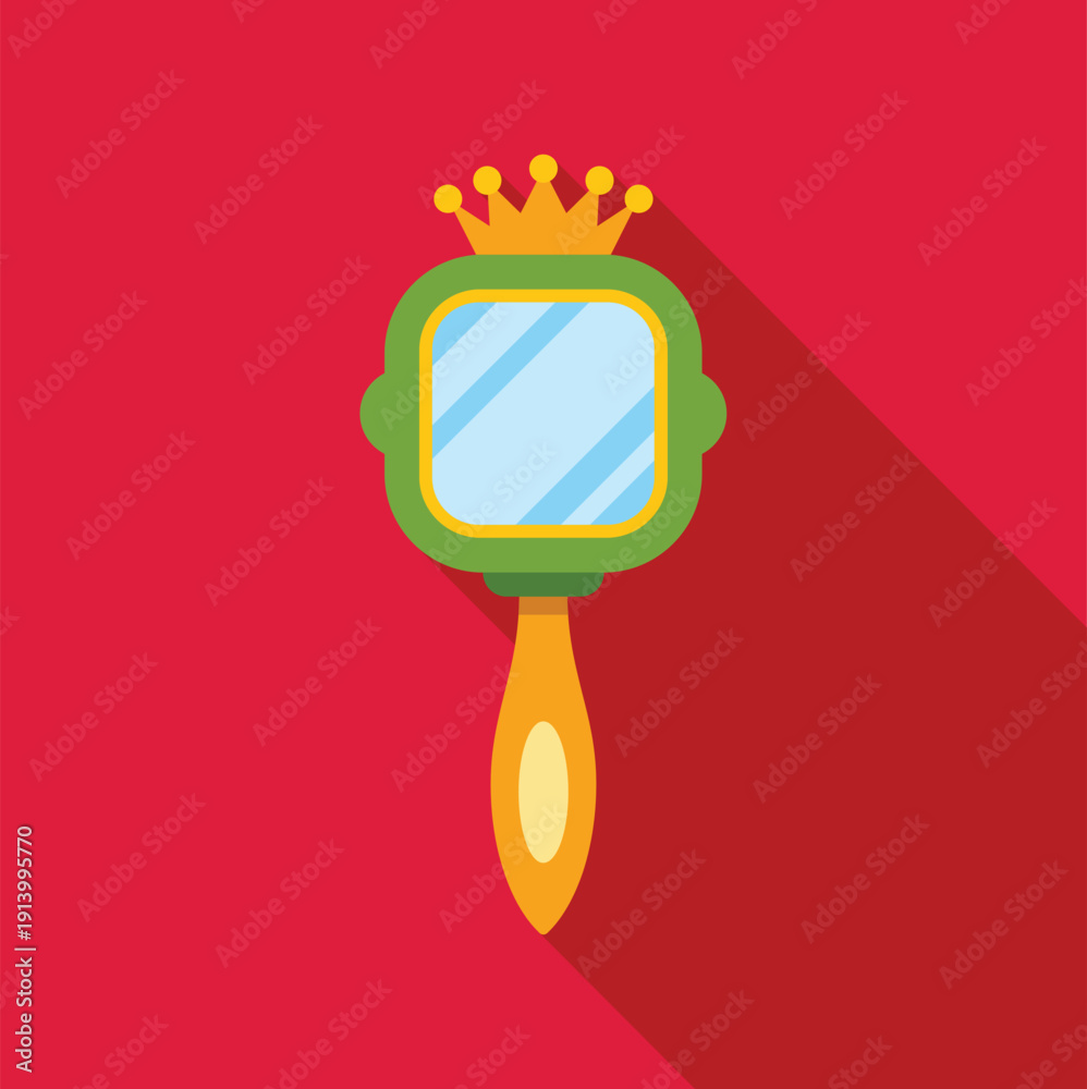 Obraz premium Flat green hand mirror with a golden crown for fairytale concepts