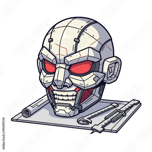 Menacing Robotic Head Mascot with Red Eyes, resting on Engineering Blueprints and Drafting Tools. AI Design Concept.