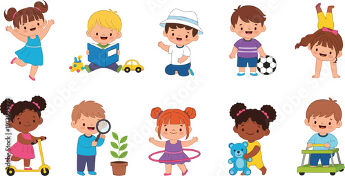 Cute Chibi Child Characters Engaged in Various Activities Including Reading, Playing Soccer, Riding a Scooter, and Gymnastics for Early Childhood Development