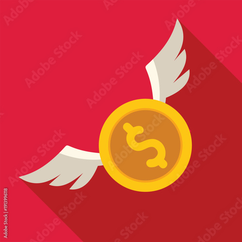 Golden dollar coin with wings flying away illustrating money devaluation and spending